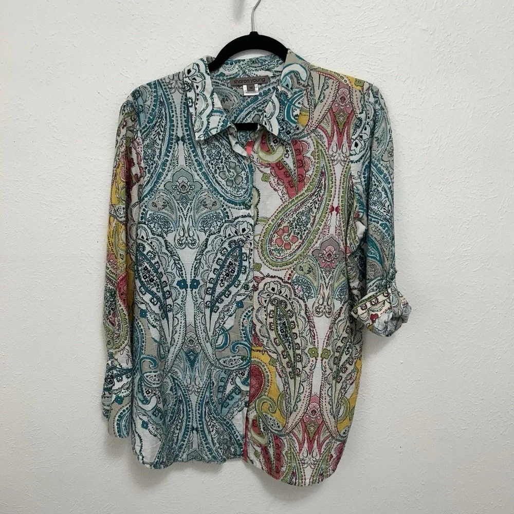 Sharon Young Top Sz M Blue‎ Colorful Artsy Abstract Floral Long Sleeve Button Up - Picture 7 of 12